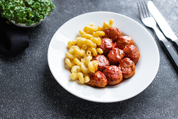 meatballs pasta tomato sauce plate second course portion on the table healthy meal top view copy space for text food background rustic image