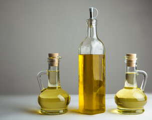 three decanter with olive oil isolated on gray or white background