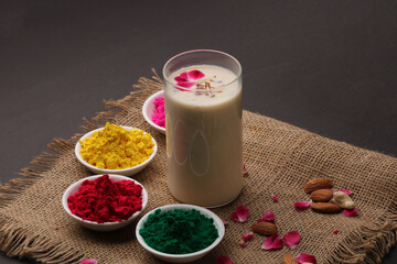 Indian festival Holi concept - Traditional Indian beverage Thandai Sardai milk festival food, with...