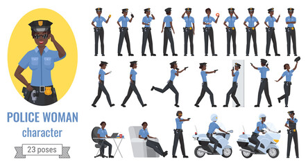 Police officer woman poses vector illustration set. Cartoon young black african american female character working different poses, gestures and actions, posing phone, gun, police motorcycle isolated