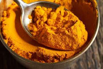 Closeup of turmeric powder on a metal spoon