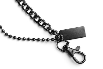 Black metal chain with carbine and tag, on a white background. Isolated object. Detail for design