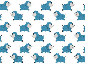 Seamless pattern of little funny blue prancing lambs in the Scandinavian style on a white background. For bedding, textile, fabric, nursery wallpaper. Vector.