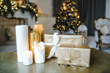 Christmas tree with gifts in the apartment