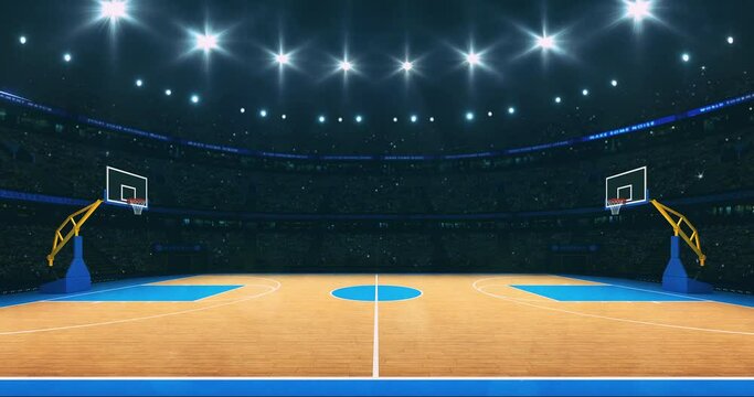Basketball court at side view. Sport arena as 4k background animation in endless loop.