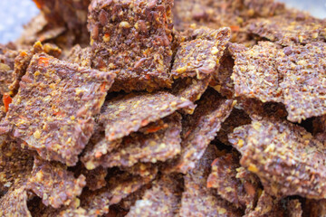 Healthy dried cookies close up. Homemade multigrain pastry. Delicious organic cracker. Crispy snack. Diet concept. Sweet rustic biscuit. Healthy nutrition. Organic food. 