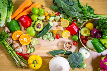 Healthy food clean eating selection: fruit, vegetable, seeds, superfood, leaf vegetable and mediterranean dishes. Detox and clean diet. Foods high in vitamins, minerals and antioxidants.