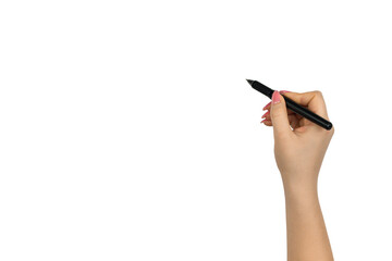 female hand with a black pen, in the role of a pointer, on a white background