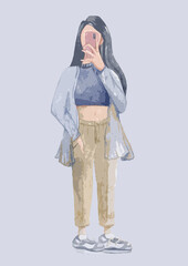 Person with a phone in her hands. A teenage girl in jeans, a top and a plaid shirt covers her face with a phone. Watercolor drawing on a blue background. Fashion concept.