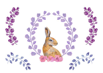 Happy Easter bunny rabbit isolated on white with purple leaves. Concept of Easter banner. Spring easter composition. Illustration of watercolor cute bunny.