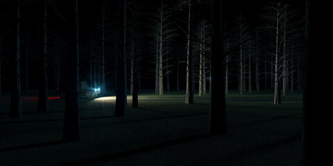 Car drives on a forest road at night with the headlights on illuminating the path