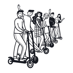 Vector illustration drawn with a black inking, group of characters women's and male on electroscooters.