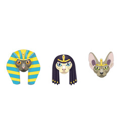 Obraz premium Set of Sphynx cats in Ancient Egypt head cloths in Cartoon style, hairless cats with a wig, stripped Nemes and tiara on white isolated background, concept of Ancient Egypt culture and Fashion, Pets.