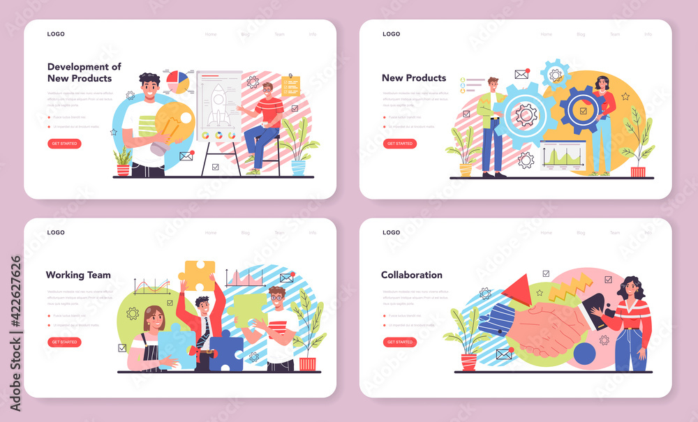 Poster collaboration web banner or landing page set. office characters working