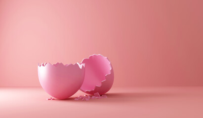 Empty Broken Pink Easter Egg on Pink studio background - 422627616