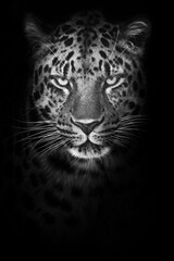 Fototapeta na wymiar Severe minimalistic portrait of a mustachioed cold leopard who strictly looks out of the night, black and white photo