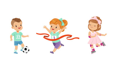 Pretty Little Boy and Girl Playing Sport Game Vector Set