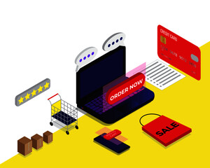 A vector of isometric online shopping with laptop, smartphone and fake credit card insight. Online shopping helps to generate millions of dollar every year.