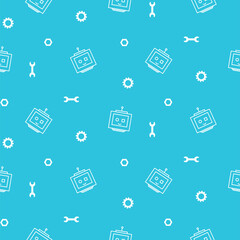 Robots and wrench seamless blue technical pattern.