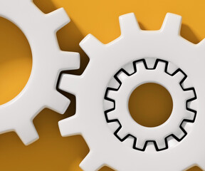 White connecting gear cog inside big cog isolated on yellow background; planet gear system; internal gear and pinion; flat lay, close up, top view, copy space; 3d rendering, 3d illustration