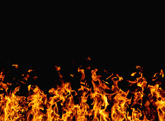 Burning background. Night bonfire. Hot inferno. Bright orange yellow warm fire flame glow with...
