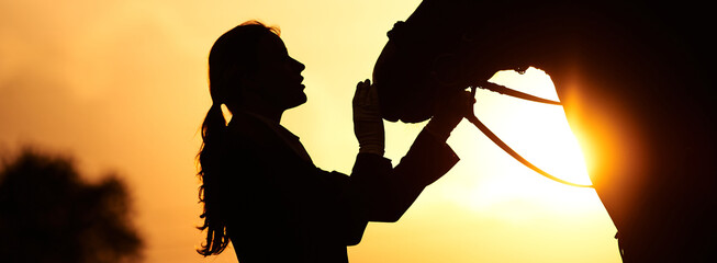 A horse rider girl stroking the head of a horse in the rays of the setting sun. Silhouette of a...