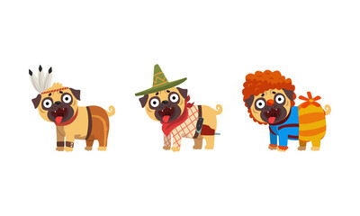 Fototapeta premium Funny Pug Dog in Colorful Costumes Vector Set