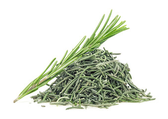 Heap of dried rosemary and fresh rosemary twig isolated on a white background. Ground seasoning, herbs and spices.
