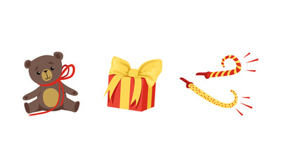 Teddy Bear Toy, Whistle and Gift Box as Birthday Party Attribute Vector Set