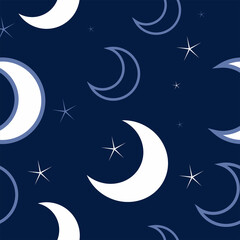 Night sky with moon and shiny stars, seamless pattern, night time, vector