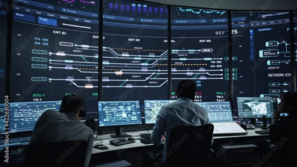 Poster Professional IT Technical Support Specialists and Software Programmer Working on Computers in Monitoring Control Room with Digital Screens with Server Data, Blockchain Network and Surveillance Maps. 