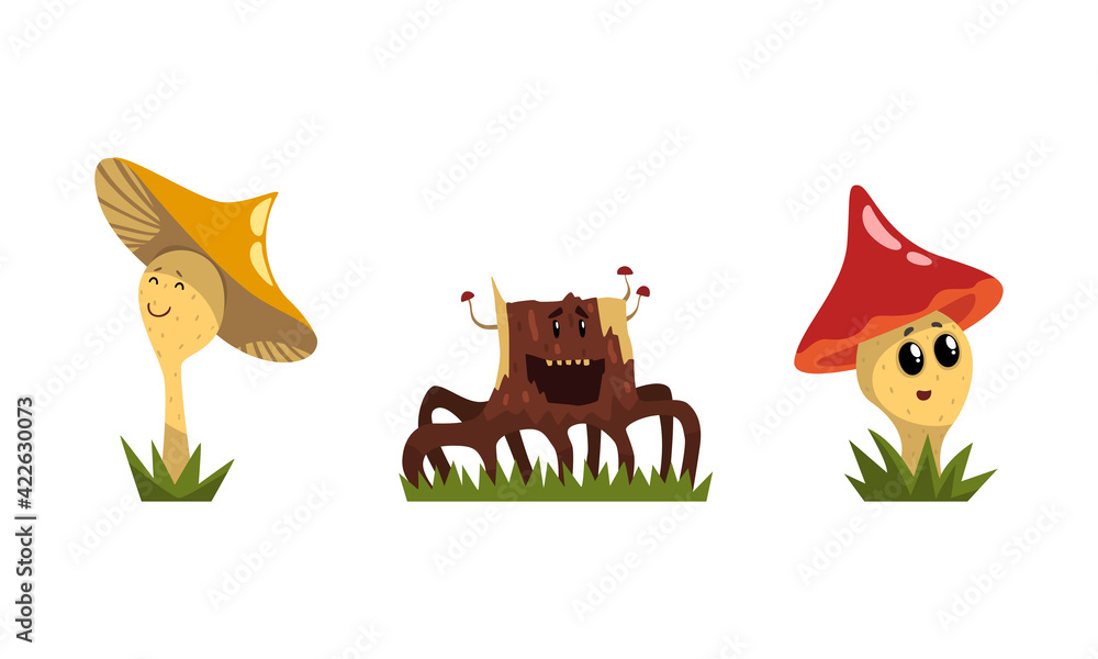 Aufkleber funny mushroom and tree stump characters with smiling faces growing on grass vector set