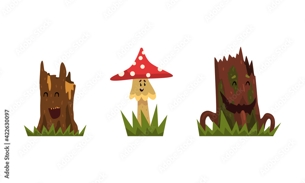 Aufkleber funny mushroom and tree stump characters with smiling faces growing on grass vector set