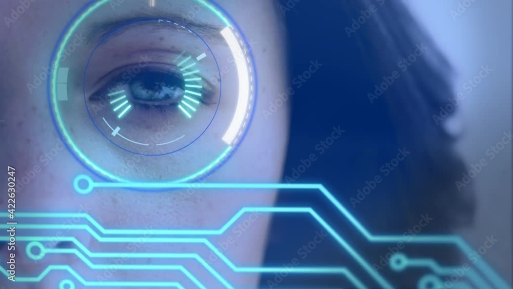 Poster animation of scope scanning and computer circuit board elements over woman's eye