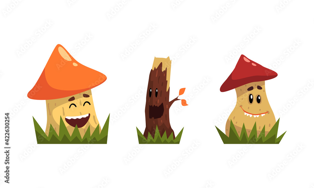 Aufkleber funny mushroom and tree stump characters with smiling faces growing on grass vector set
