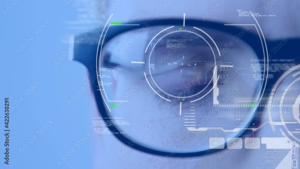 Poster animation of scope scanning and data processing over woman's eye