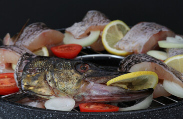 Head of fresh raw pike and pieces of fish with lemon,onion and tomato close-up for grilling.