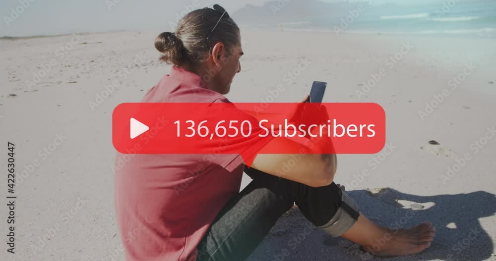 Poster animation of speech bubble with subscribers text and numbers over man using smartphone on beach