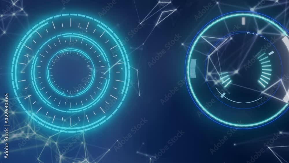 Poster animation of scopes scanning and networks of connections over blue background