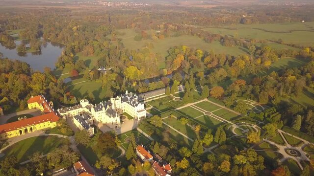 Aerial view of town Lednice and castle yard with green gardens in Moravia, Czech Republic. UNESCO World Heritage Site.
