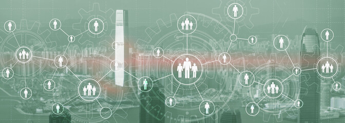 HR Recruitment Structure Global Outsourcing Social network communication concept. Modern City view panoramic website header banner double exposure