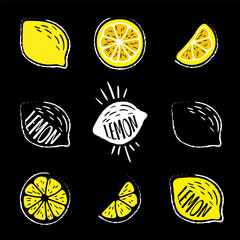 Set of hand drawn lemons in pencil, pen in cartoon style. Isolated on a black background. For a logo, print on a T-shirt, bag, sticker. Black outline in graphical form.