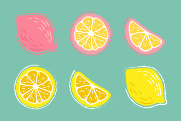 Lemon, orange, lime. A set of hand-drawn pencil, pen in cartoon style isolated on a turquoise, bright background. For a logo, print on a T-shirt, bag, sticker.