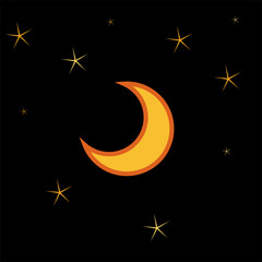 Fototapeta na wymiar Stars and the moon in yellow on dark night background, night sky illustration, cartoon, card, vector
