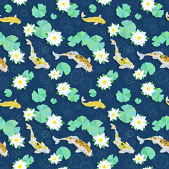 Golden Japanese koi carps and white water lilies on the pond in the rain. Seamless pattern on a dark blue background. Vector  illustration.