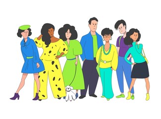Fototapeta premium Group of people standing next to each other. Company of friends posing together. People of different gender and age.