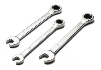 Three matt chrome-plated spanners in different sizes, one to one. isolated on white. concept of repair and maintenance of motor vehicles and industrial use.