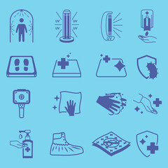 Disinfection icons. Cleaning and sanitizer surface, wash hand gel, UV lamp, sanitizing mat, thermographic camera, antiviral cover, antibacterial protection, disinfection tunnel. Antiviral symbols