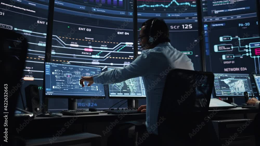 Poster Professional IT Technical Support Specialists and Software Programmer Working on Computers in Monitoring Control Room with Digital Screens with Server Data, Blockchain Network and Surveillance Maps