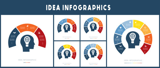 Silhouette of  head with lamp in the shape of  brain. Idea concept. Infographic template set.